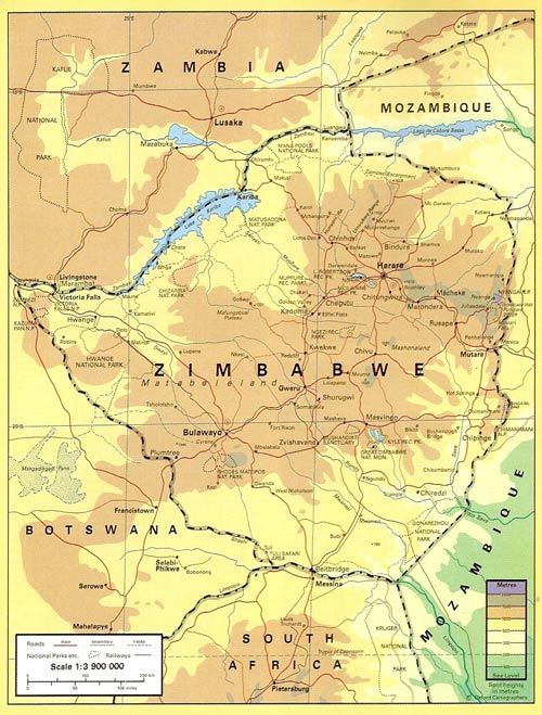 The Map of Zimbabwe shows the surrounding countries with international 