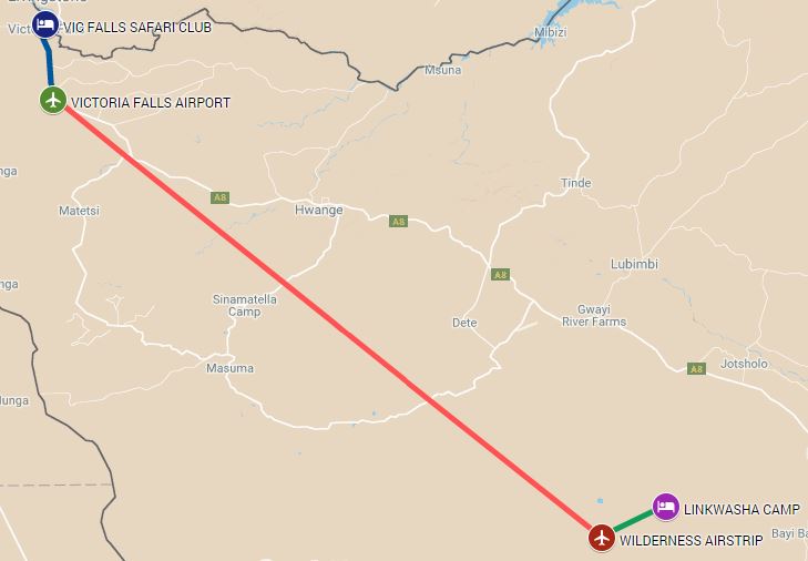 Itinerary route starting from Hwange and ending in Victoria Falls