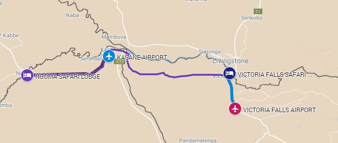 The route map for a Zimbabwe Botswana Safari from Ngoma and Chobe to Victoria Falls Zimbabwe
