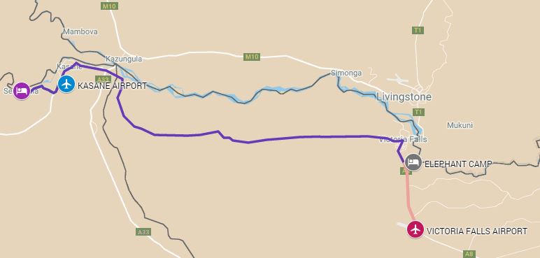 Map of safari itinerary from the Chobe River luxury houseboat to Victoria Falls - Zimbabwe