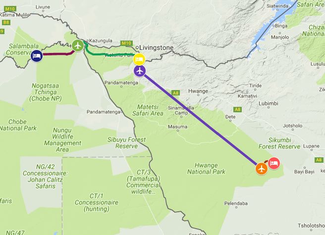 Map of safari itinerary from Chobe to Victoria Falls and Hwange National Park