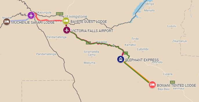 Map of safari itinerary from the Chobe River front to Victoria Falls and Hwange National Park