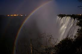 A lunar rainbow captured on camera at Victoria Falls from Zambia