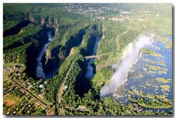 Aerial view of the Zambezi River zig zagging gorges