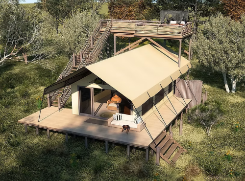 Aerial view of a guest tented suite at Tumani Tented Camp Mababe, Botswana