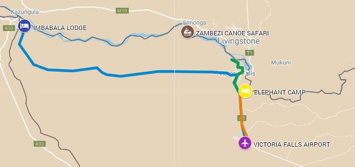 Itinerary route for luxury safari starting on the Zambezi River and ending in Victoria Falls