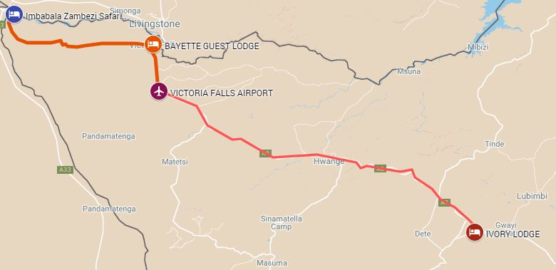 Itinerary route for luxury safari starting on the Zambezi River and ending in Victoria Falls