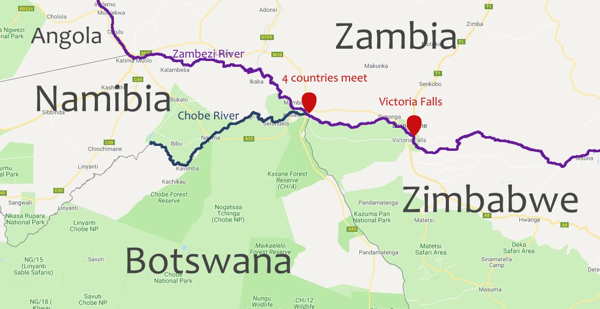 Chobe and Zambezi Rivers meeting where Zimbabwe, Zambia, Namibia and Botswana meet