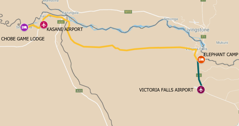 Map of safari itinerary from the Chobe River luxury houseboat to Victoria Falls - Zimbabwe
