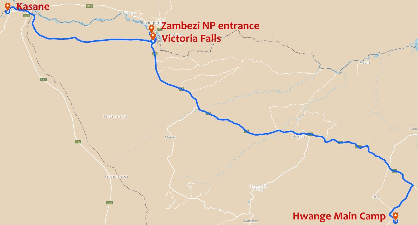 Route from Victoria Falls to Chobe, Zambezi and Hwange National parks in Botswana and Zimbabwe