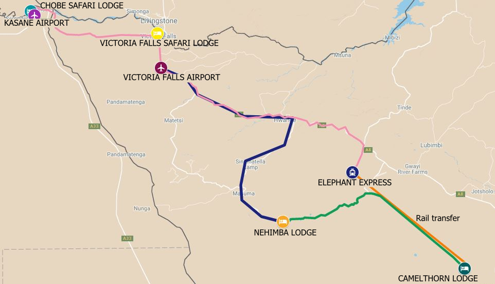 The route map for a Zimbabwe Botswana Safari from Chobe to Hwange and then Victoria Falls Zimbabwe