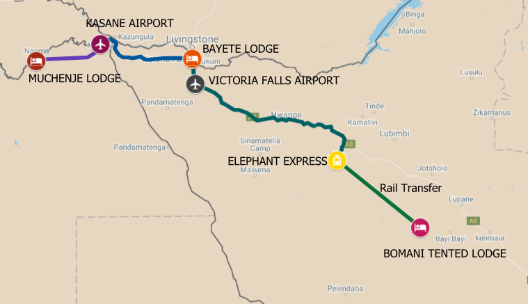 Map of safari itinerary from the Chobe River front to Victoria Falls and Hwange National Park