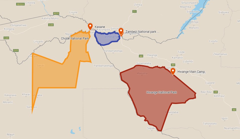 Locations of Chobe (Botswana), Zambezi and Hwange National parks, park entrances and Victoria Falls in Zimbabwe
