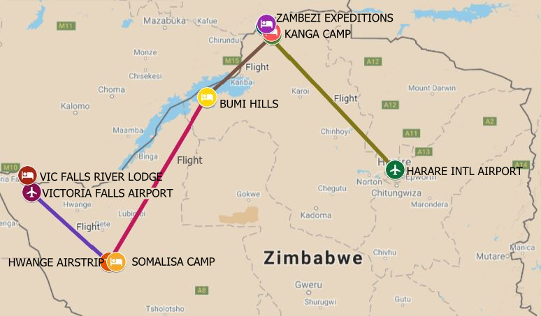 An well rounded safari itinerary from in Victoria Falls to Hwange, Kariba and Mana Pools in Zimbabwe