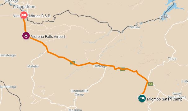 Map of Hwange National Park to Victoria Falls safari itinerary