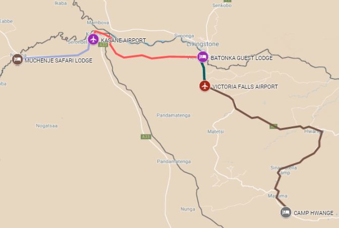 Map of safari itinerary from the Chobe River front to Victoria Falls and Hwange National Park