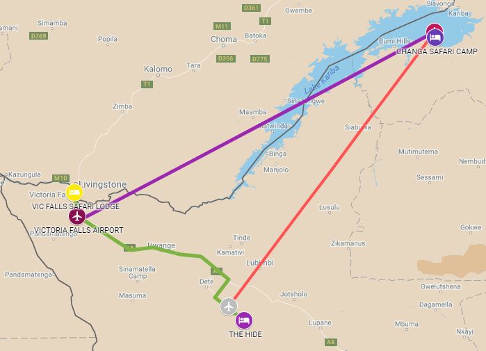 Itinerary route starting from Hwange and ending in Victoria Falls