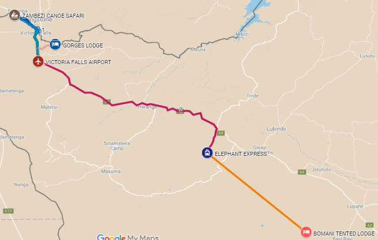 Itinerary route starting from Zambezi National Park, then Victoria Falls and Hwange