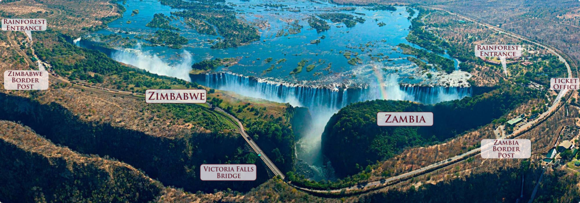 The Victoria Falls spanning across two countries - Zimbabwe (left) and Zambia (right)
