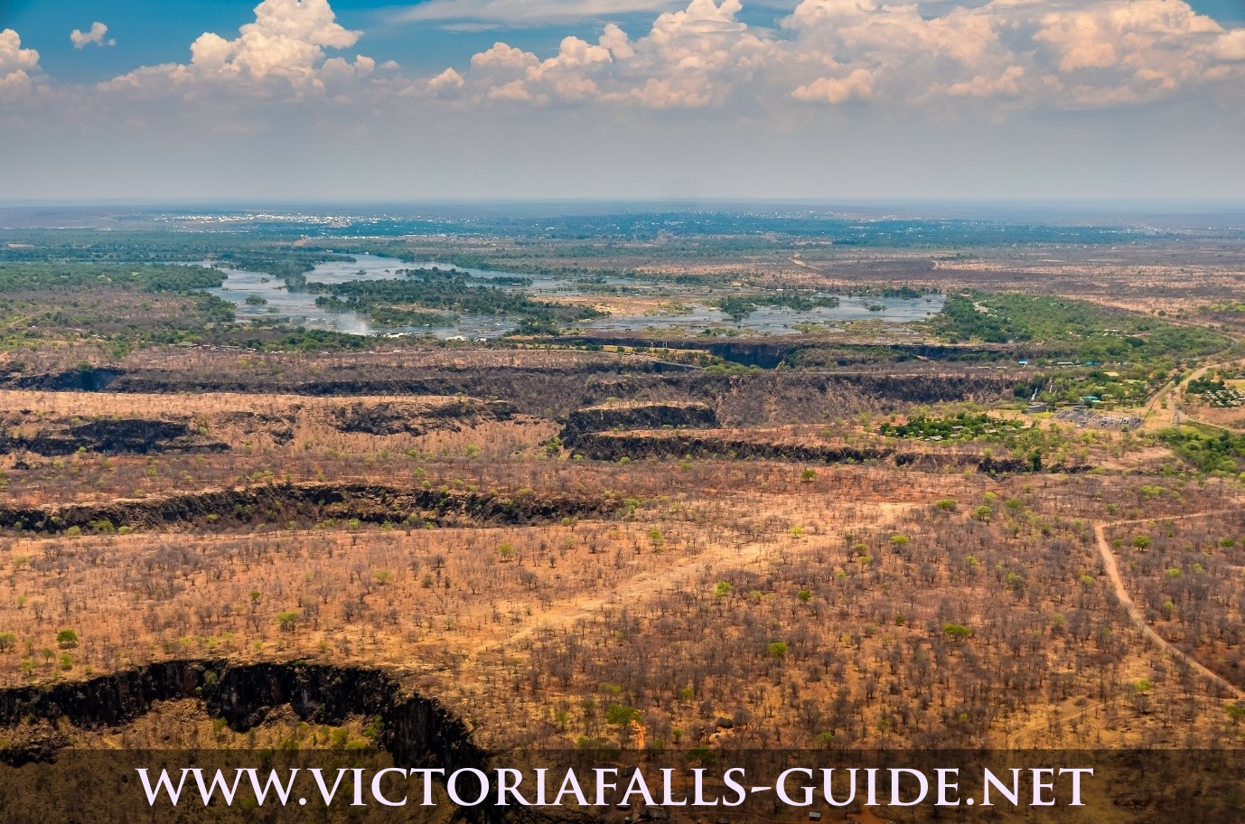 Aerial image of downstream Victoria Falls showing change in angle of altitude