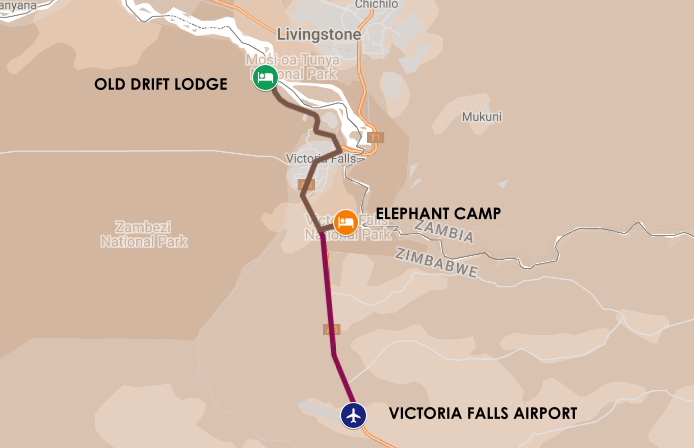 Luxury safari route starting in Victoria Falls and ending in the Zambezi National Park