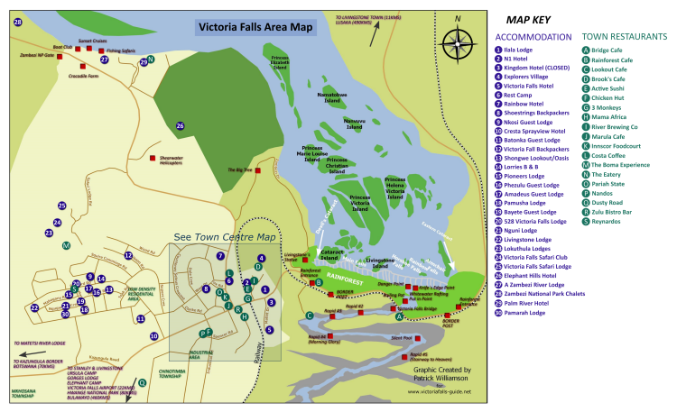 Map of the town centre of Victoria Falls, Zimbabwe