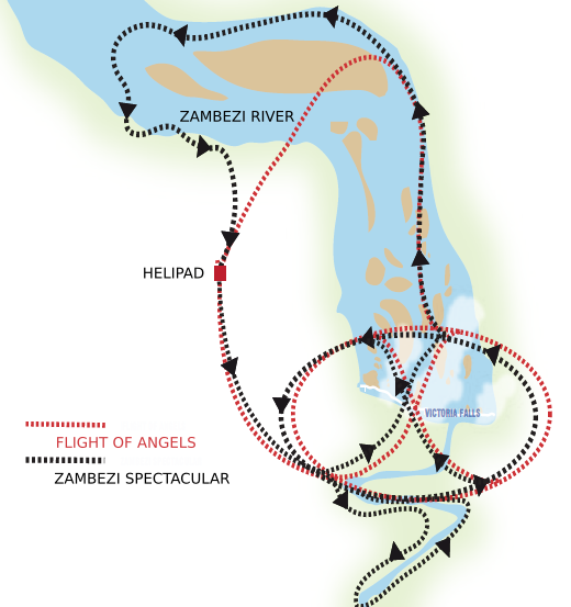 Victoria Falls helicopter flight routes for the 12 minute and 25 minute helicopter rides over the mighty Victoria Falls
