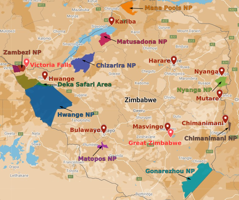 Map of Zimbabwe's major destinations and national parks