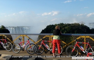 Bike tourist enjoying the view of the falls from the Victoria Falls Bridge