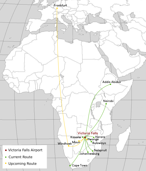 Map of flights to Victoria Falls from various destinations
