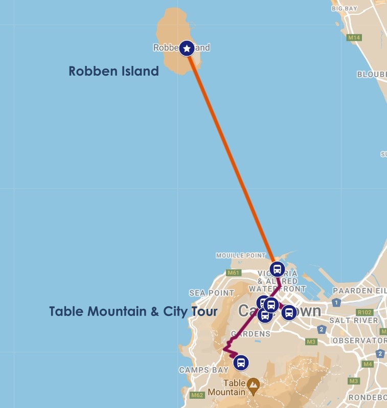 Cape Town City, Table Mountain and Robben Island Tour map, South Africa