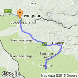 Map showing directions from Kapula Camp in Hwange National Park, to Victoria Falls - Zimbabwe