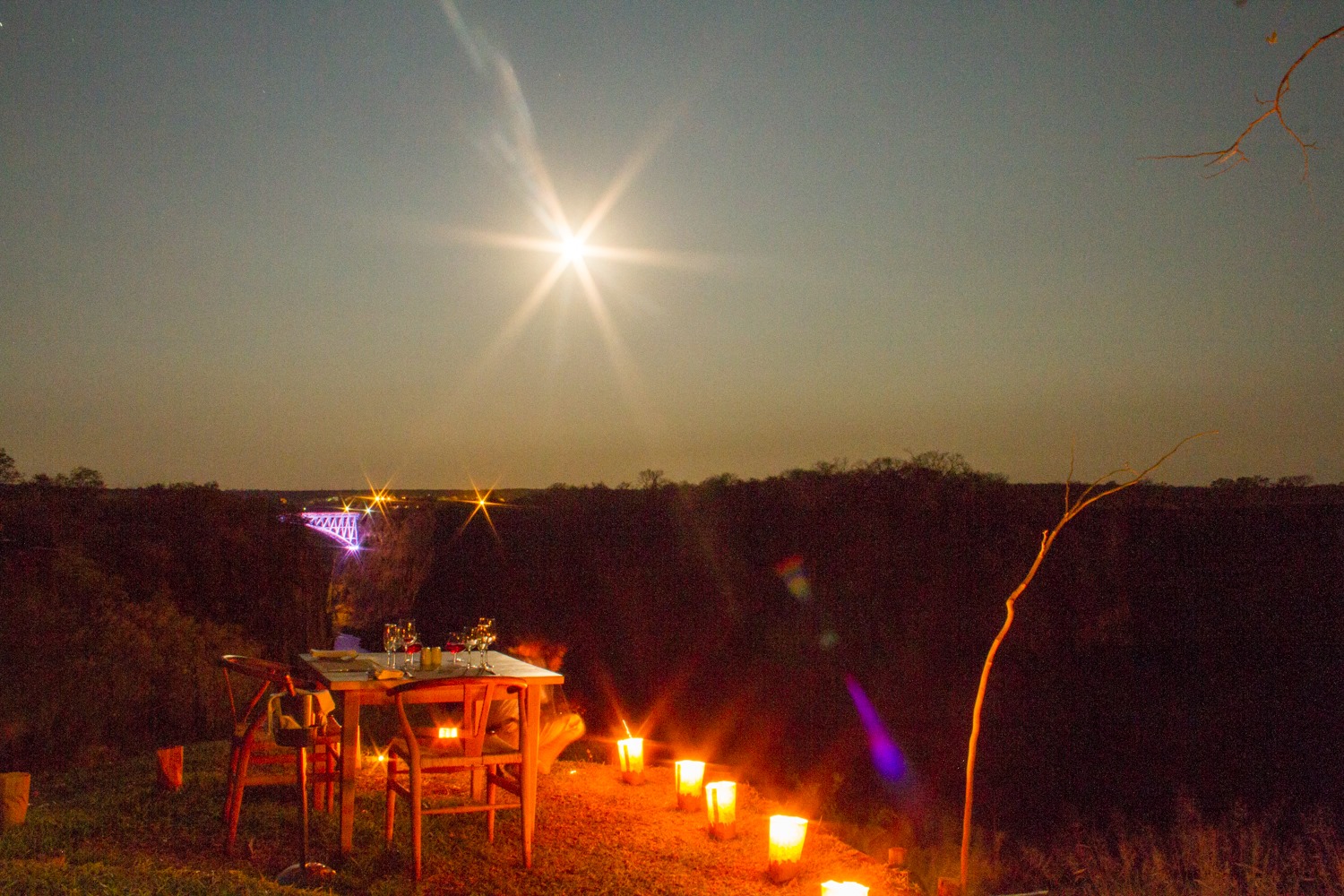 Dinner at the Lookout Cafe under the full moon - Victoria Falls, Zimbabwe
