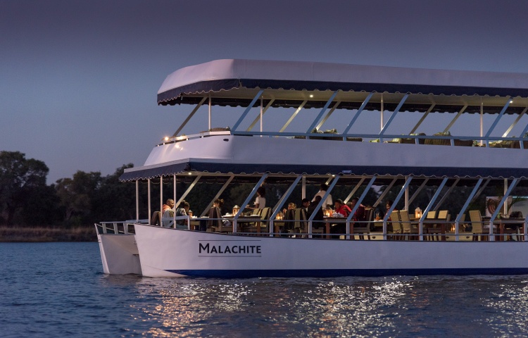 The Malachite boat on the Zambezi River. Dinner cruises from Victoria Falls, Zimbabwe