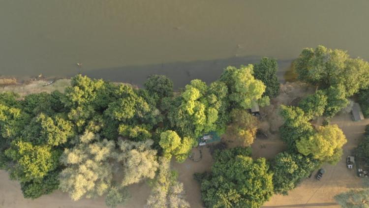 An aerial of Mana River Camp on the banks of the Zambezi River in Mana Pools National Park, Zimbabwe