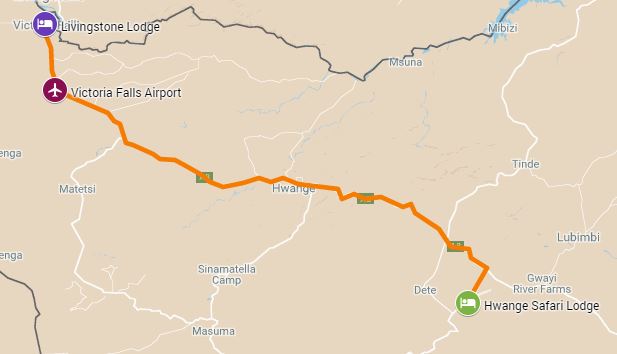 Itinerary route starting from Hwange and ending in Victoria Falls