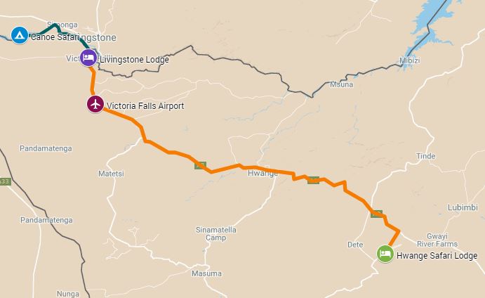 Route map for a 7 night Hwange, Zambezi national park and Victoria Falls safari