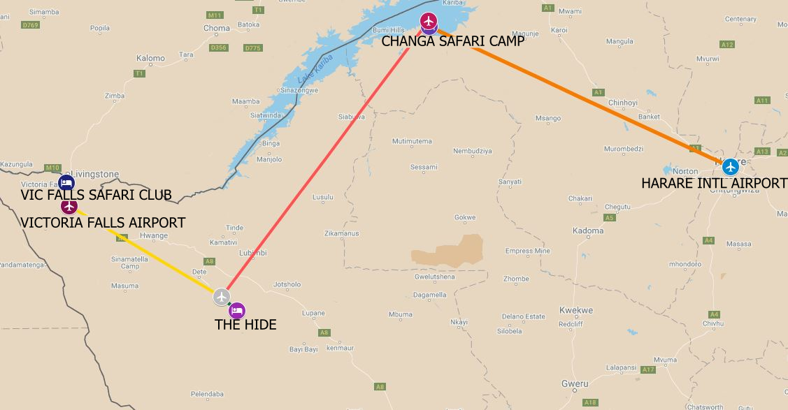 Itinerary route starting from Victoria Falls to Hwange and Lake Kariba