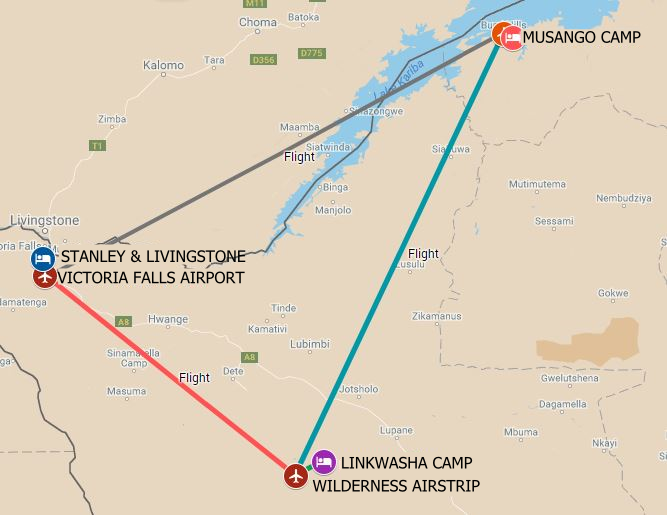 Itinerary route starting from Victoria Falls to Hwange and Lake Kariba