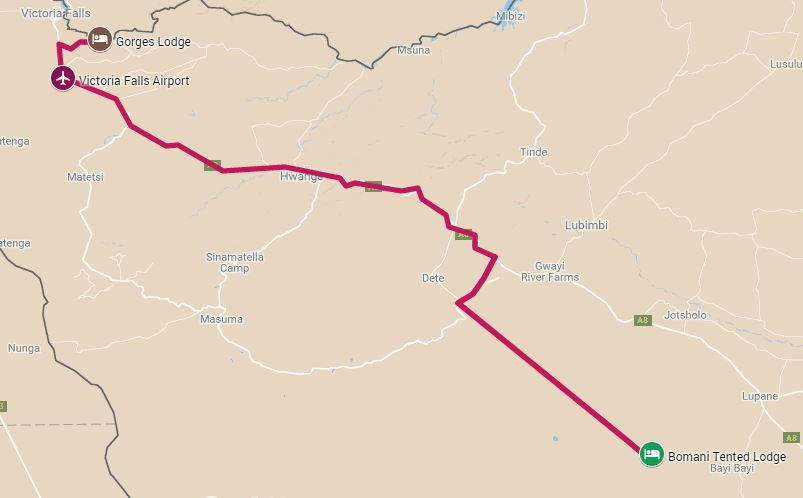 Itinerary route starting from Hwange and ending in Victoria Falls