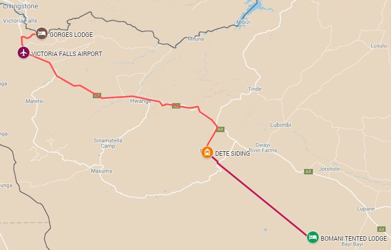 Itinerary route starting from in Victoria Falls in Zimbabwe and ending in Hwange