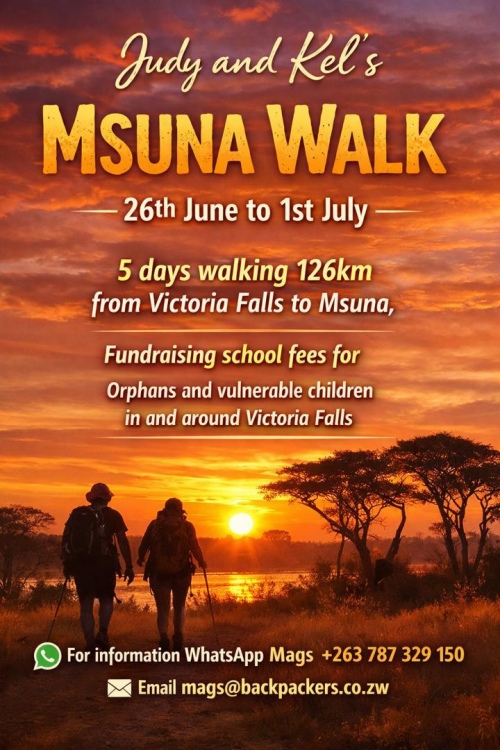 Judy and Kel's Msuna Walk starts in June 2026, from Victoria Falls to Msuna, Zimbabwe