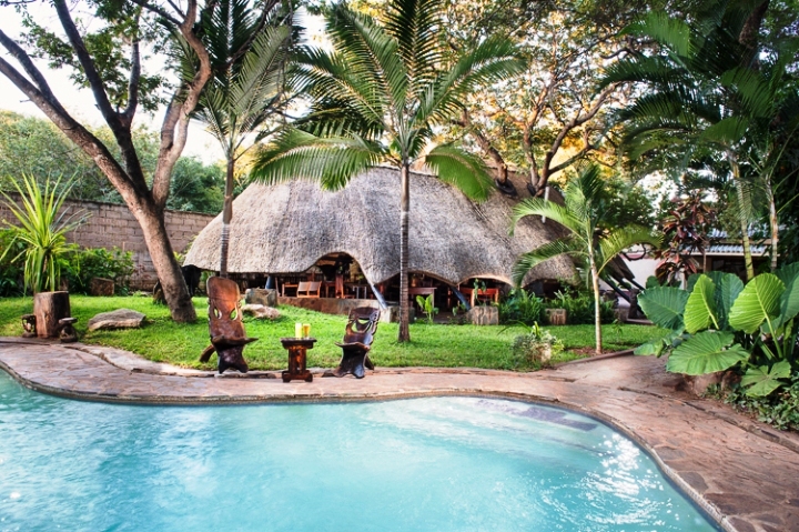 The swimming pool and restaurant area