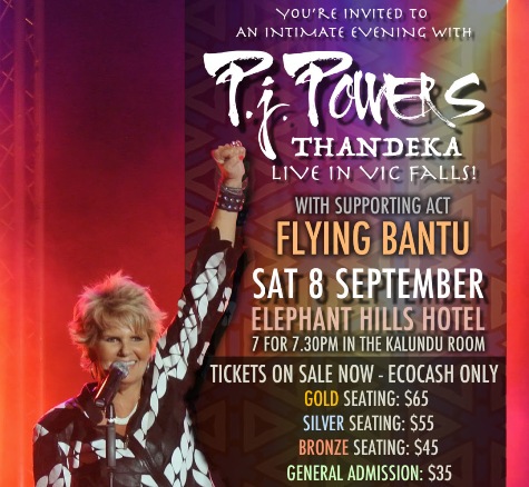 P J Powers live in Victoria Falls, Zimbabwe