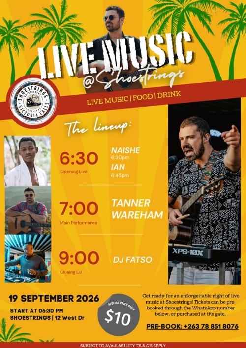 Shoestrings Victoria Falls hosts an evening of live music with Tanner Wareham, and more, in Victoria Falls, Zimbabwe