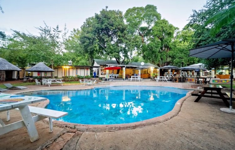 Poolside and garden at a camper/backpacker lodge in Victoria Falls, Zimbabwe
