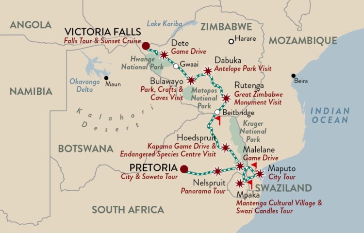 Shongololo Express Souther Cross route Pretoria to Victoria Falls through South Africa, Mozambque, Swaziland and Zimbabwe