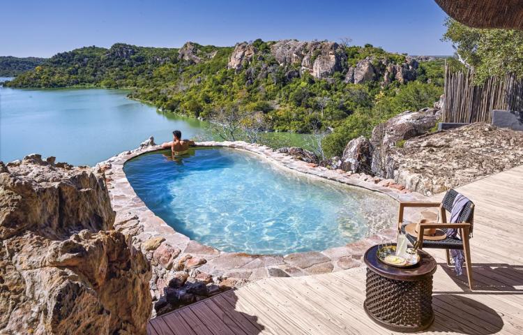 Singita Pamushana Lodge overlooking the lake in Malilangwe Wildlife Reserve near Gonarezhou National Park, Zimbabwe