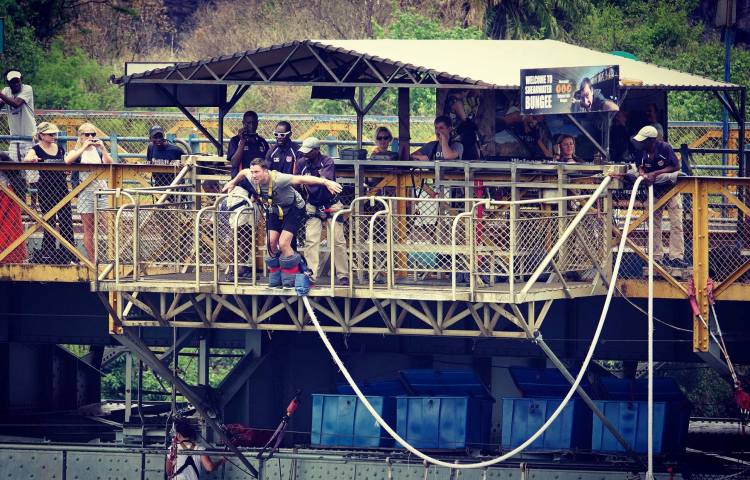 Bungee jumping off the Victoria Falls Bridge between Zimbabwe and Zambia