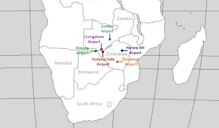 Map with Airports that are nearest to Victoria Falls - Victoria Falls Guide on how to get there